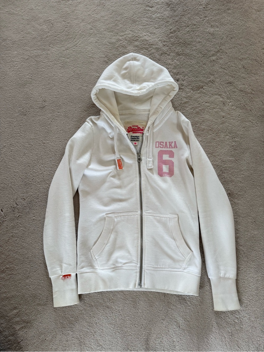 SuperDry vintage White Hoodie Jacket with Pink 'Osaka 6' Graphic
